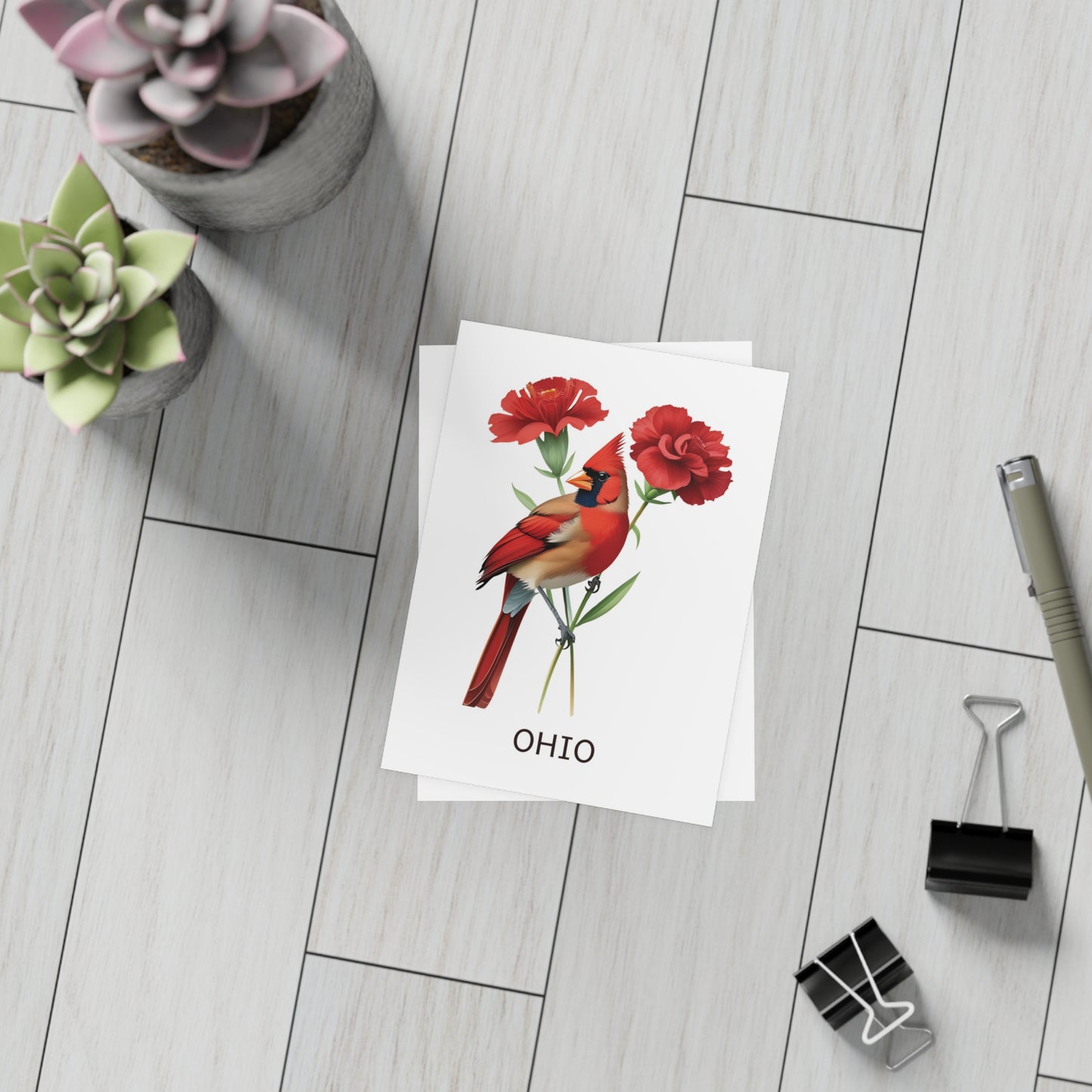 Ohio | Red Cardinal & Carnations | Home State Greeting Card