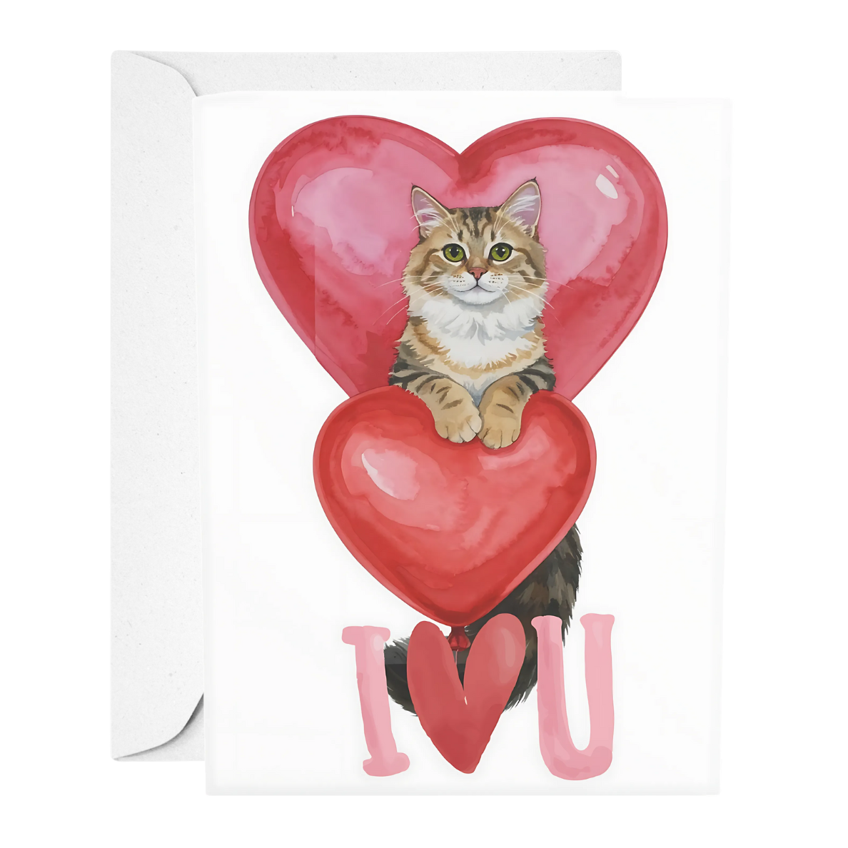 Card with a cat sitting inside a red heart, surrounded by more hearts and the word 'I LOVE YOU'.