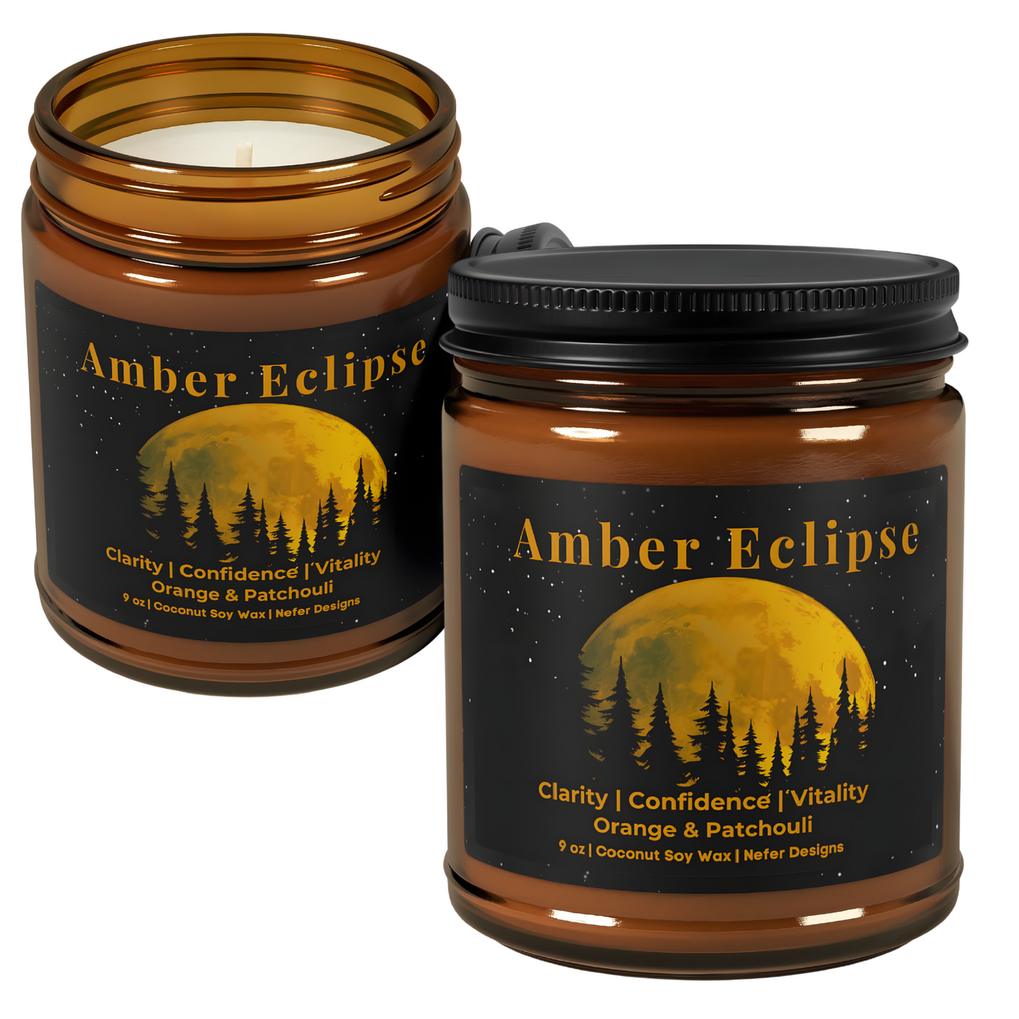 Amber Eclipse candle with orange and patchouli scent, promoting clarity, confidence, and vitality. Handmade coconut soy wax candle by Nefer Designs