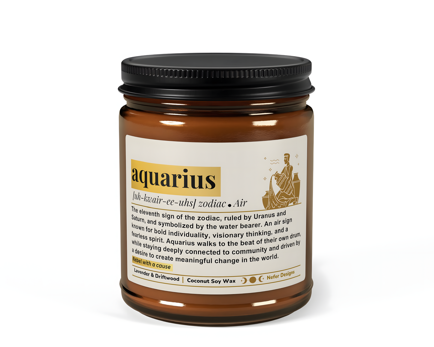 Aquarius Zodiac Candle - Lavender & Driftwood scented coconut-soy wax candle in amber jar, for visionary, independent thinkers