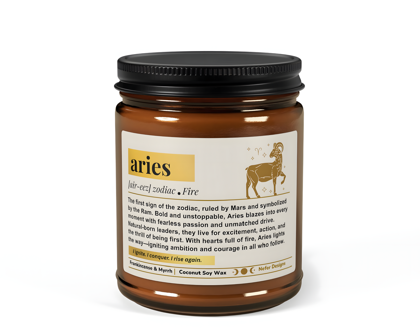 Aries Zodiac Candle - Frankincense & Myrrh scented coconut-soy wax candle in amber jar, for bold, ambitious personalities.