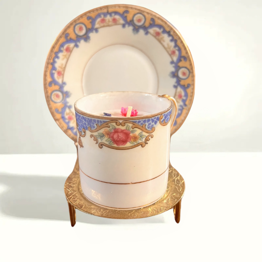 Repurposed vintage teacup as jewelry dish - former candle vessel now functional decor