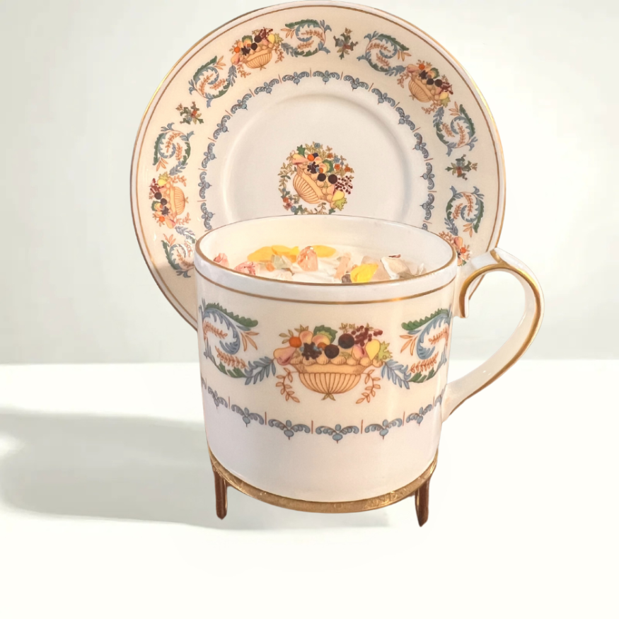 1950s Aynsley teacup candle - English bone china with 3D floral gold accents