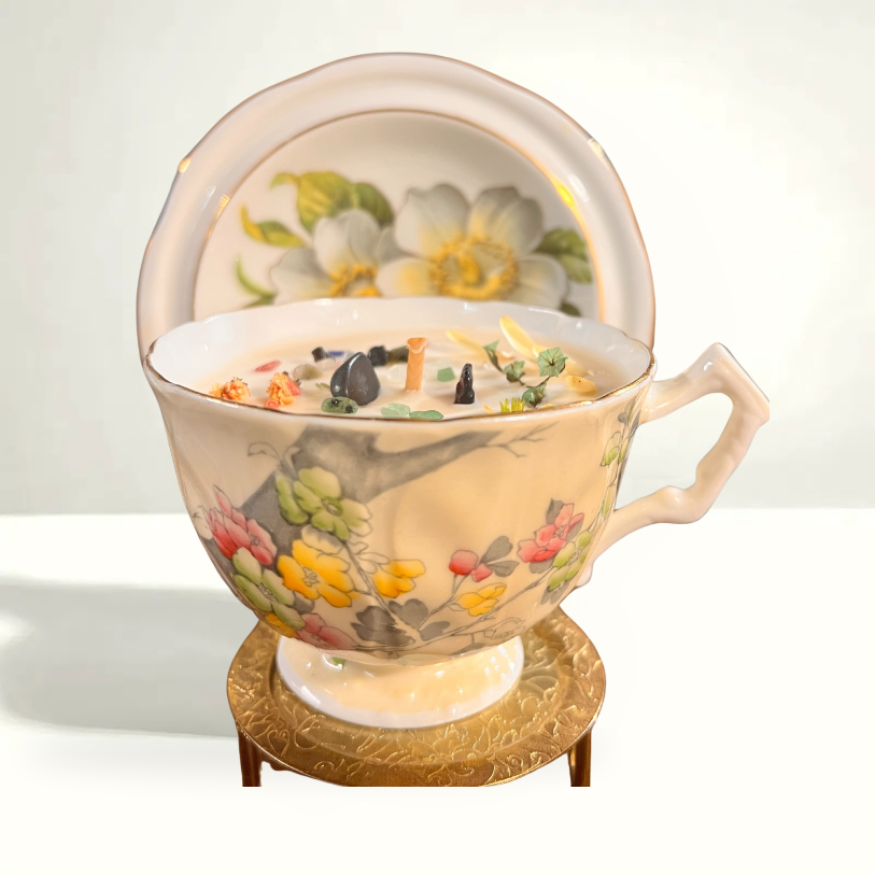 1960 Aynsley teacup candle - English bone china with gold botanicals, Staffordshire craftsmanship