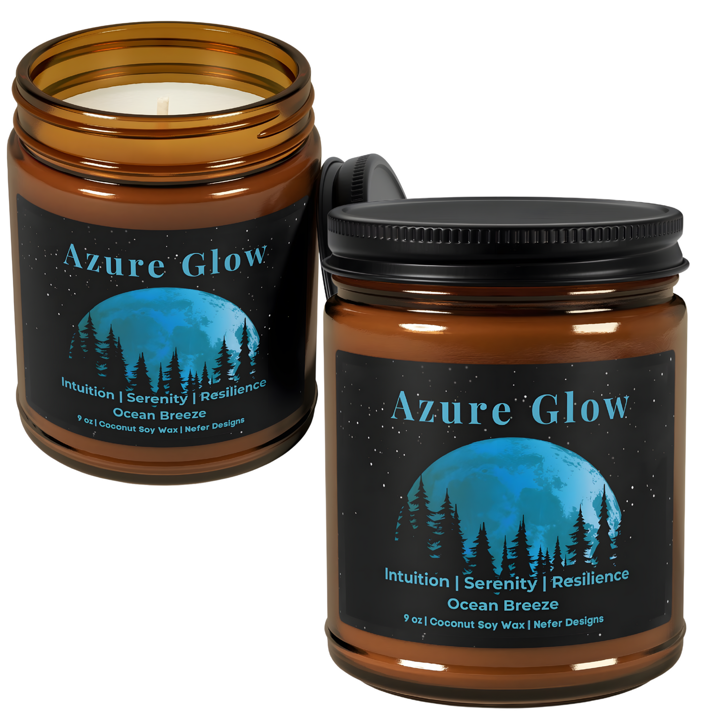 Azure Glow candle with ocean breeze fragrance, enhancing intuition, serenity, and resilience. 9 oz coconut soy wax candle by Nefer Designs.