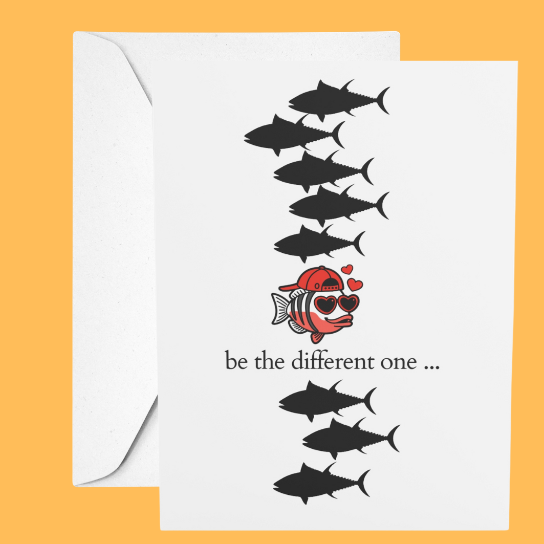 Card with black fish illustrations and a red fish with sunglasses and heart-shaped eyes on an orange background