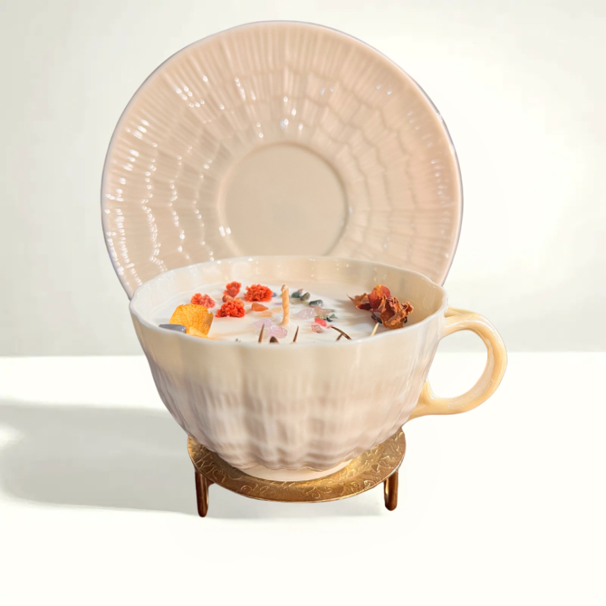 1990 Belleek basketweave teacup candle - Irish Parian porcelain with woven texture, green stamp authentication