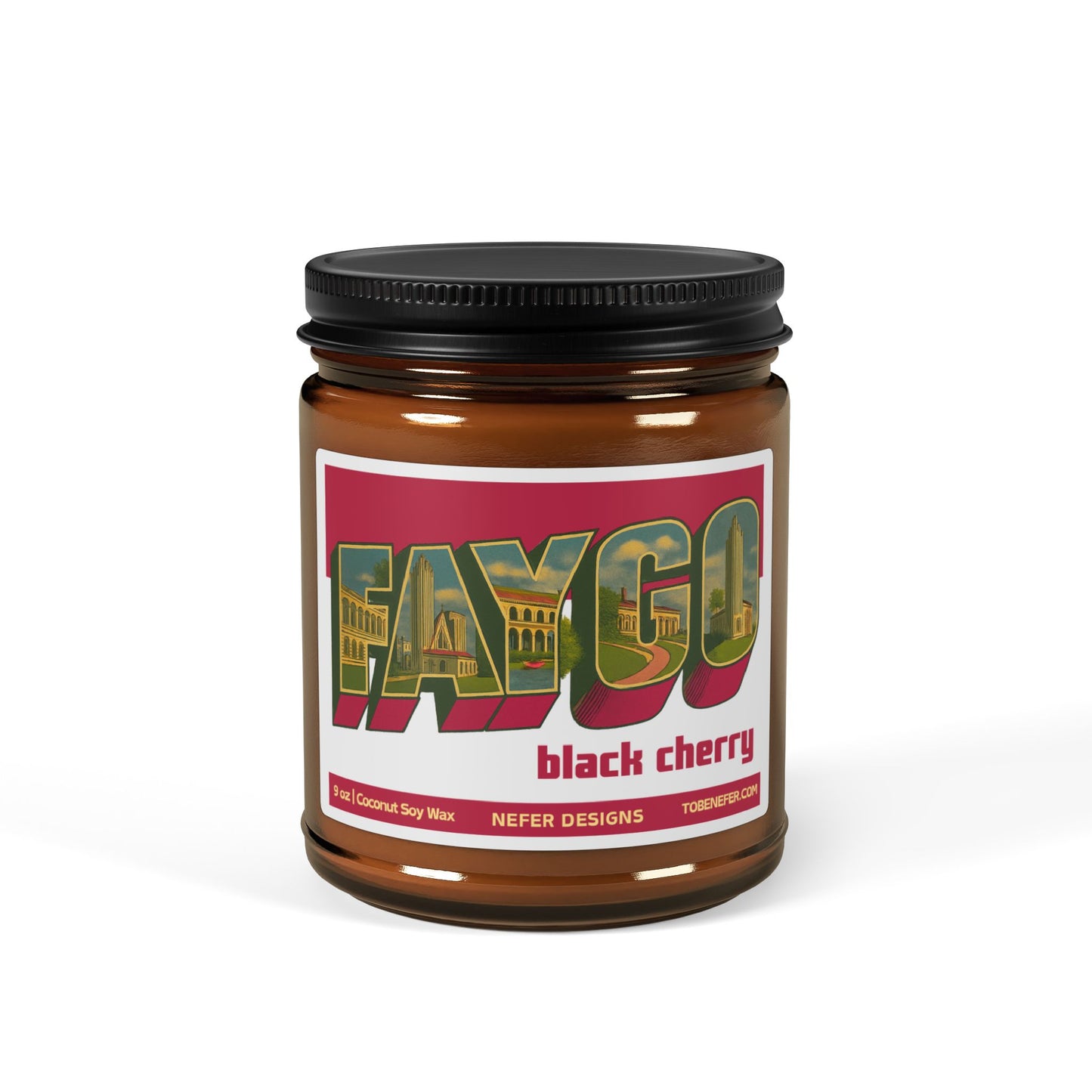 Faygo black cherry candle in a glass jar with a colorful label on a white background