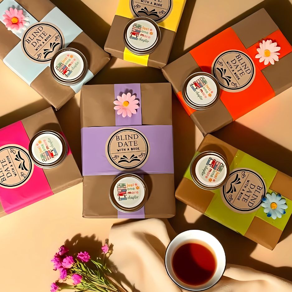 Collection of 'Blind Date with a Book's on a beige surface with a cup of tea and flowers.