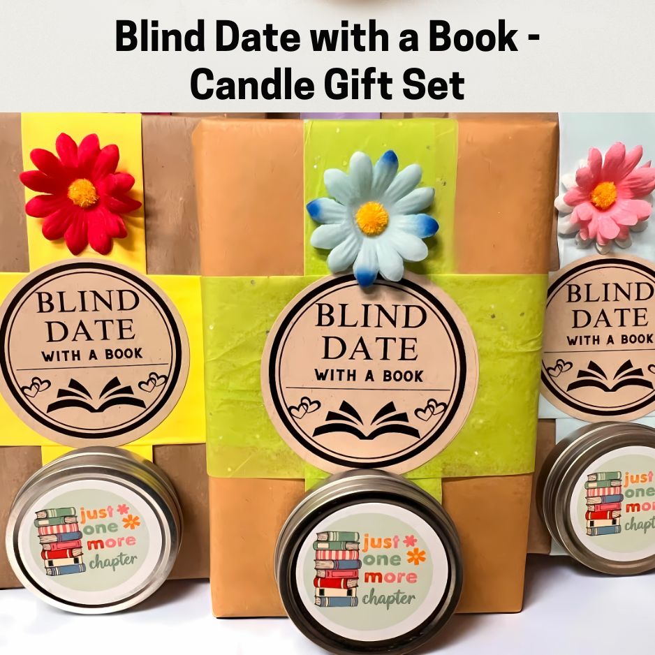 Candle gift set with 'Blind Date with a Book' theme, featuring colorful packaging and decorative flowers.