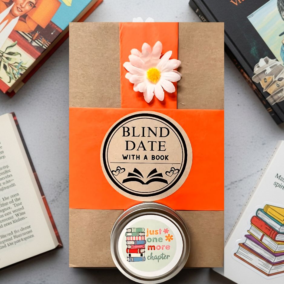 Book-themed gift set with 'Blind Date with a Book' label and decorative elements on an open book background.