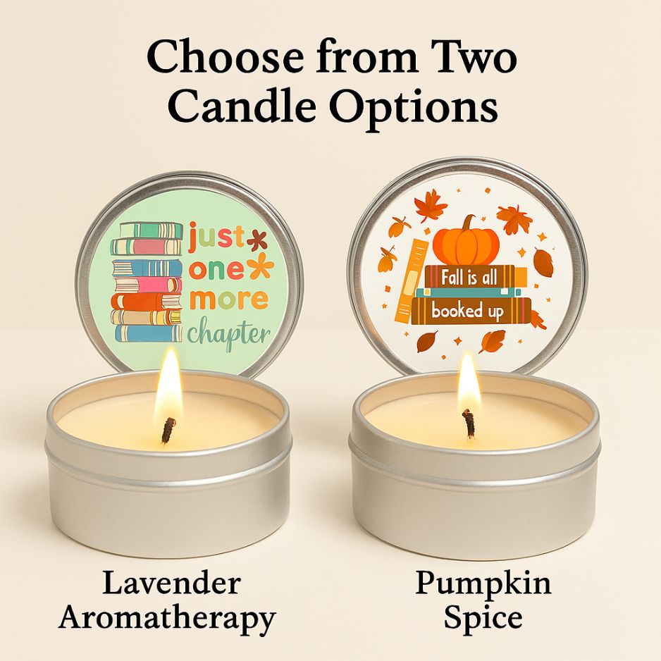 Two lit candles in metal tins with decorative lids on a beige background.