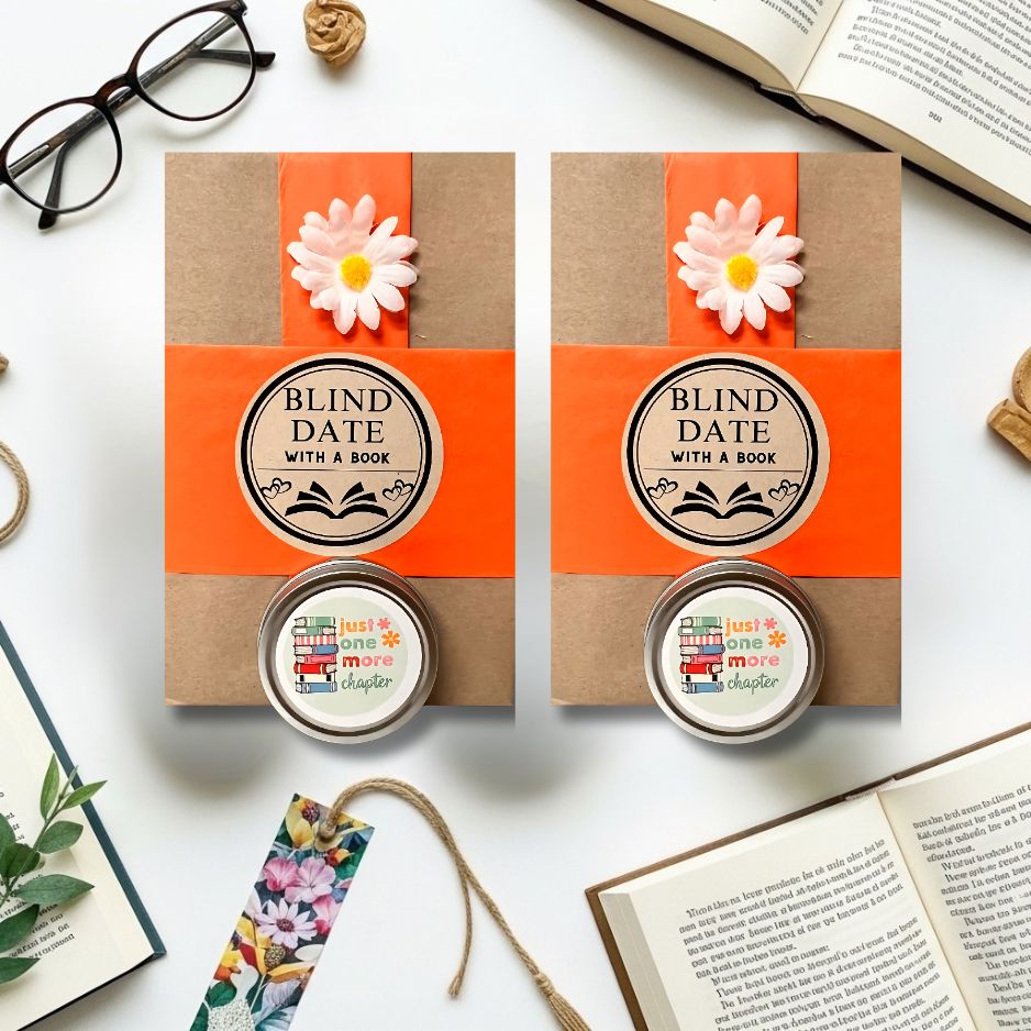 Two 'Blind Date with a Book' packages on a white surface with books and glasses.