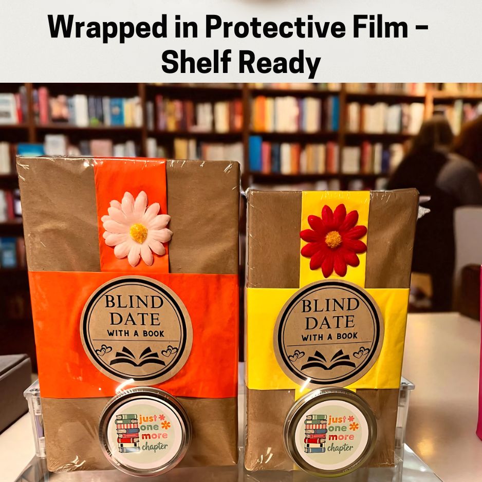 Two packages labeled 'Blind Date with a Book' in protective film with a bookshelf background.