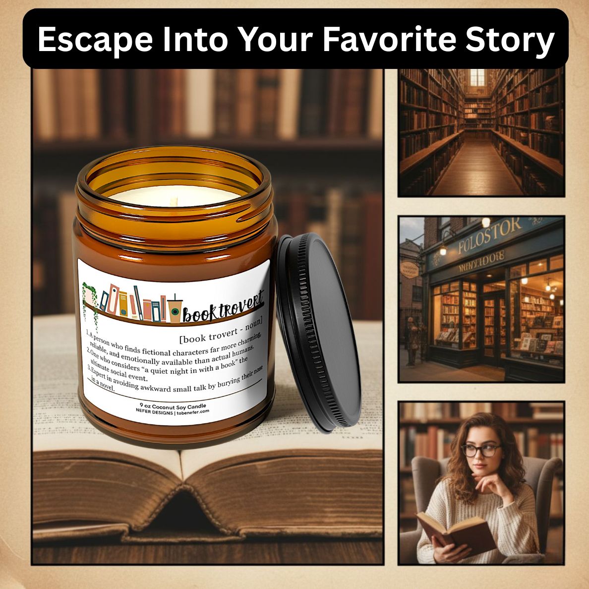 Candle jar labeled 'booklover' with book-themed elements and text, surrounded by images of a library and a person reading.