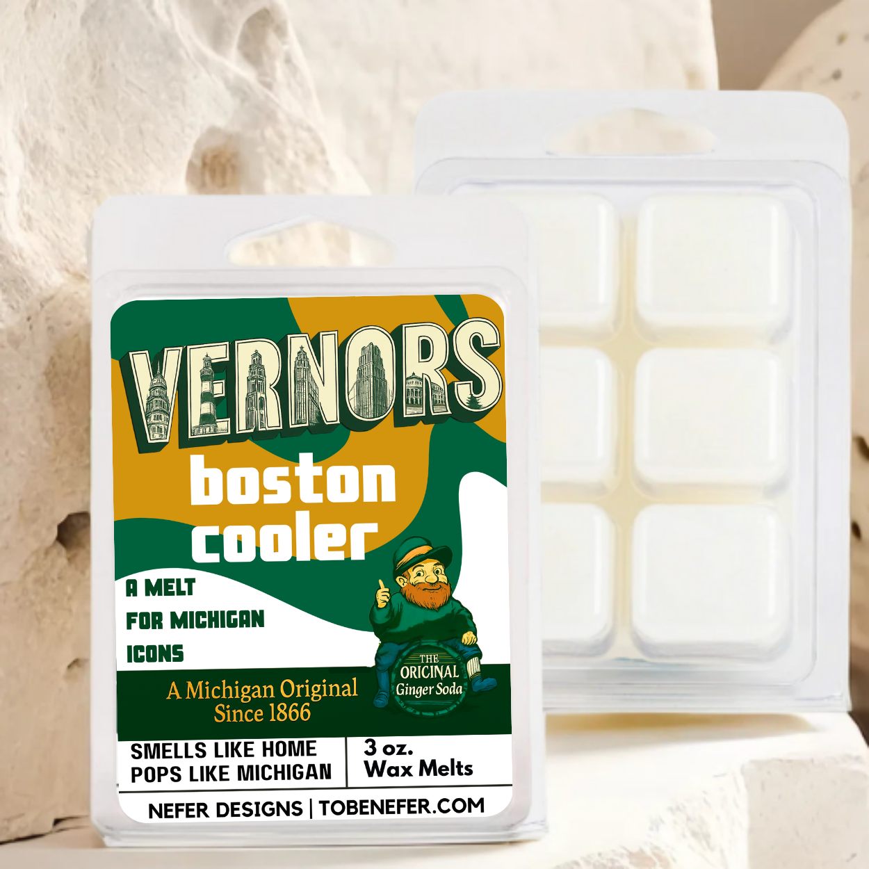 Vernors Boston Cooler wax melt packaging with a gingerbread man graphic on a neutral background