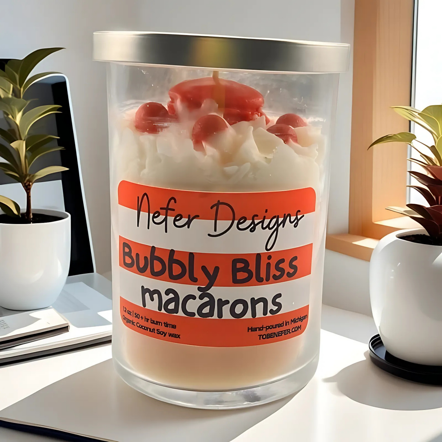 A luxurious champagne-scented candle in an elegant jar, surrounded by pastel macaron decorations, evoking a sense of celebration and indulgence.