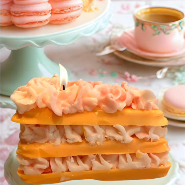 Butter Orange Cake Slice Candle - realistic handmade soy wax candle shaped like a frosted citrus dessert, with textured sponge layers and creamy vanilla glaze. Vegan, long-lasting bakery scent for home decor or gifting."