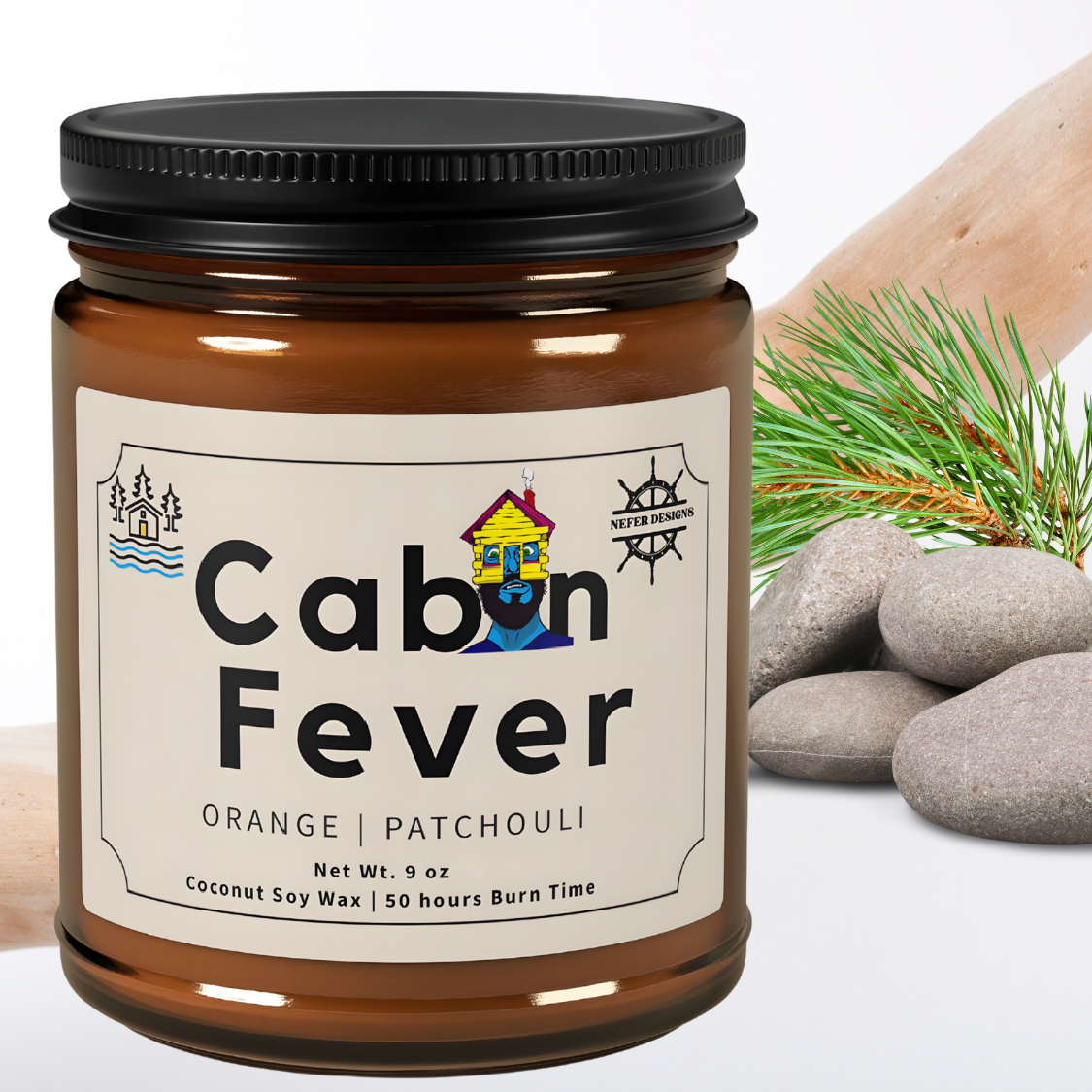 Orange Patchouli scented Cabin Fever candle - 9 oz natural soy wax in amber glass - 50 hours of burn time
