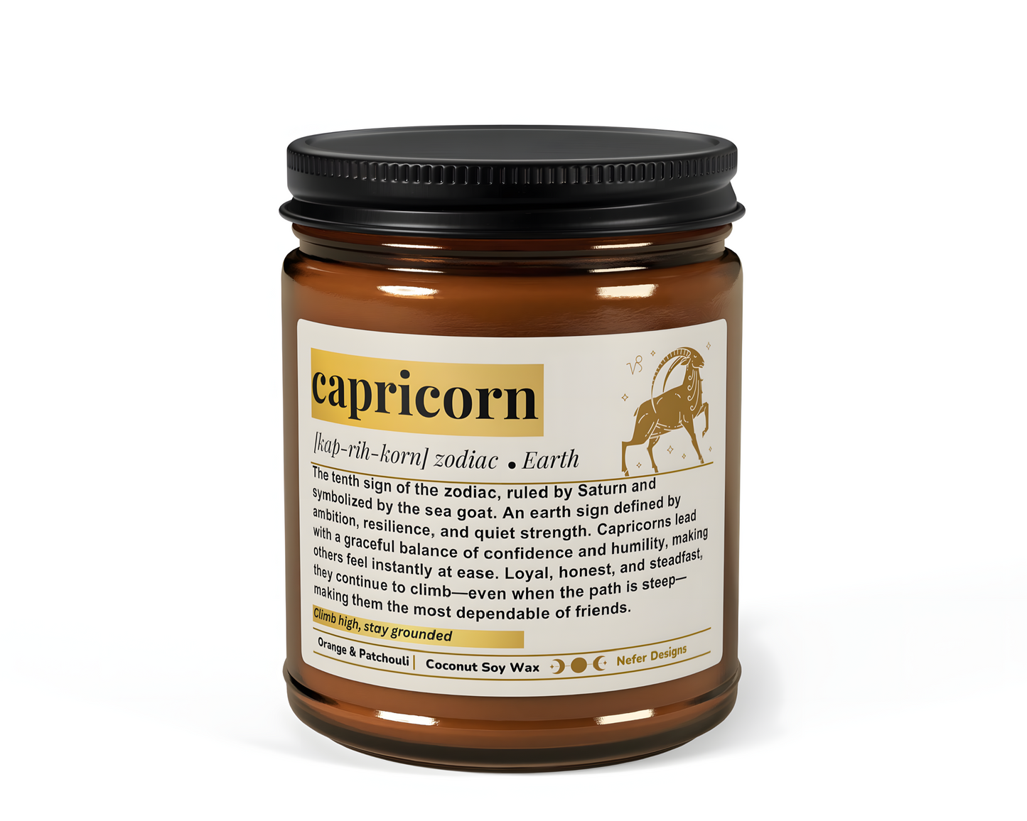 Capricorn Zodiac Candle - Orange & Patchouli scented coconut-soy wax candle in amber jar, for ambitious, resilient climbers