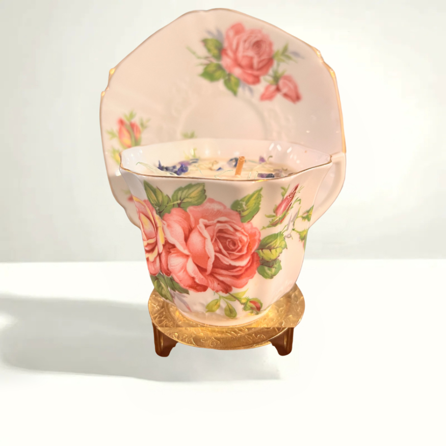 1960s pink rose teacup candle - Cartwright & Edwards Staffordshire porcelain with vintage floral motif, reusable with lemongrass violet wax