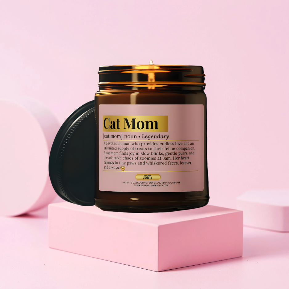 Cat Mom scented candle in Warm Vanilla - 9oz coconut soy blend with dictionary-style definition about loving whiskers and chaos. Pet-safe and clean-burning