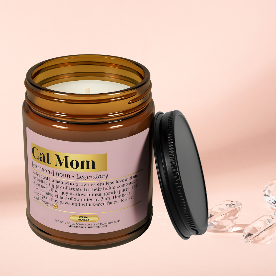 Cat Mom scented candle in Warm Vanilla - 9oz coconut soy blend with dictionary-style definition about loving whiskers and chaos. Pet-safe and clean-burning