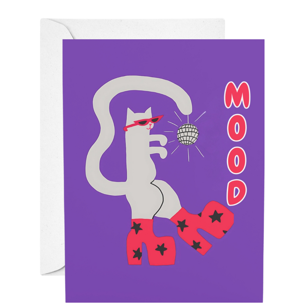 Greeting card with a cat illustration and 'Mood' text on a purple background