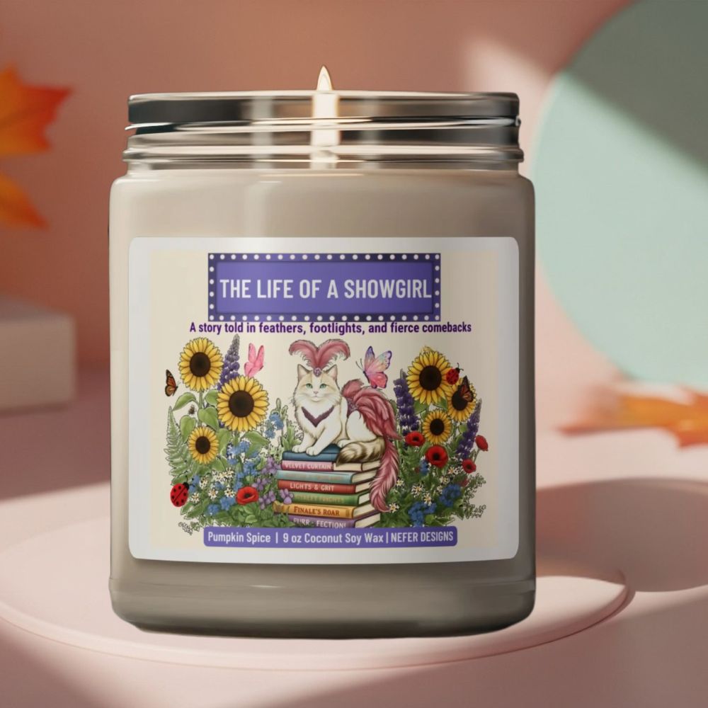 Candle in a jar with a decorative label on a light pink background