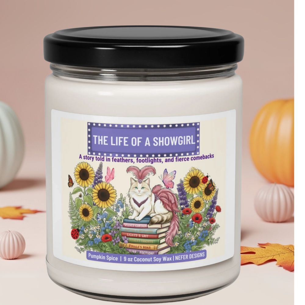 Candle jar with a colorful label featuring text and illustrations on a beige background.