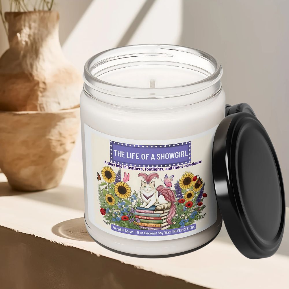 Candle in a glass jar with a decorative label on a wooden surface