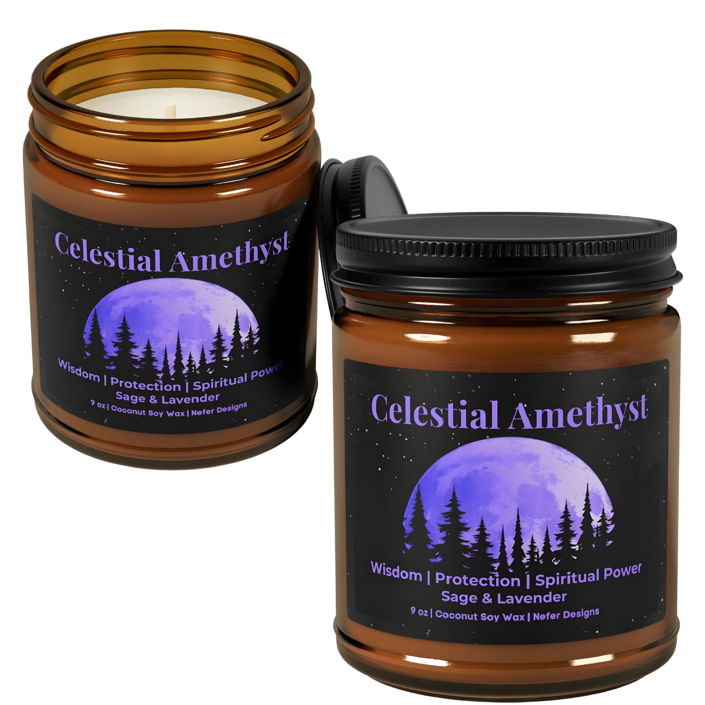 Celestial Amethyst candle with sage and lavender aroma, symbolizing wisdom, protection, and spiritual power. 9 oz eco-friendly soy wax candle by Nefer Designs