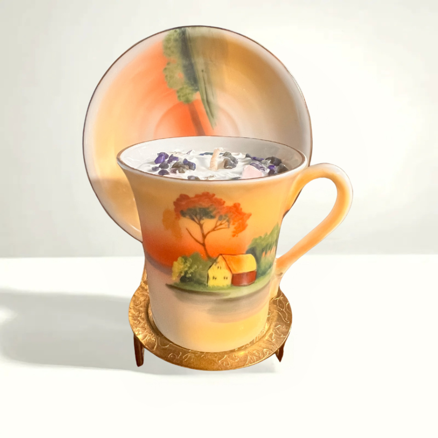 Vintage Chikaramachi Japanese teacup and saucer with delicate floral pattern, gold accents, and fine mid-century porcelain craftsmanship