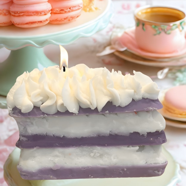 Lavender Coconut Cake Slice Candle - realistic handmade soy wax candle shaped like a frosted citrus dessert, with textured sponge layers and creamy vanilla glaze. Vegan, long-lasting bakery scent for home decor or gifting."