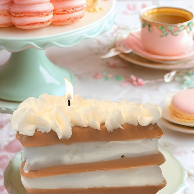 Chocolate Coffee Cake Slice Candle - realistic handmade soy wax candle shaped like a frosted citrus dessert, with textured sponge layers and creamy vanilla glaze. Vegan, long-lasting bakery scent for home decor or gifting."