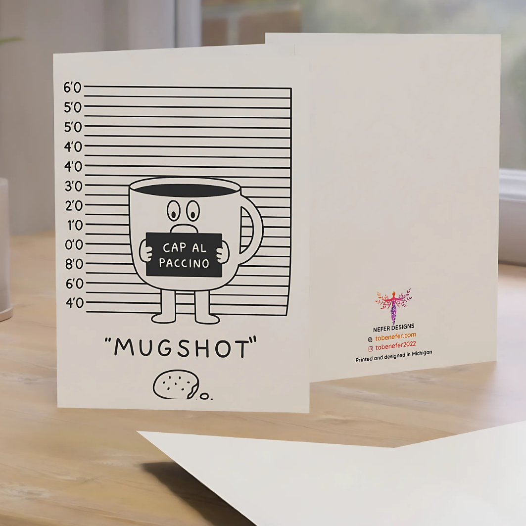 Card with a mug graphic and text on a wooden surface