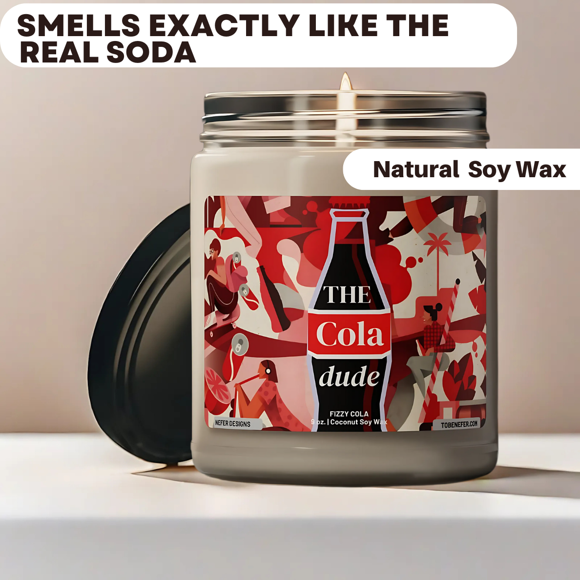 A 9oz Cola Dude Soda Pop Soy Candle in a jar, featuring a bold red design. Hand-poured with a coconut and soy wax blend, it fills the air with the nostalgic scent of classic cola. A fun gift for soda lovers and vintage fans.