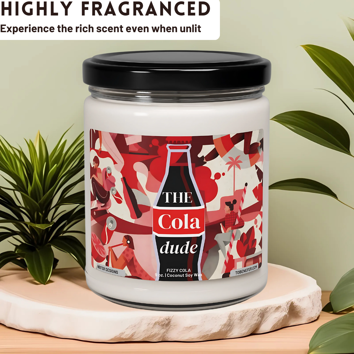 A 9oz Cola Dude Soda Pop Soy Candle in a jar, featuring a bold red design. Hand-poured with a coconut and soy wax blend, it fills the air with the nostalgic scent of classic cola. A fun gift for soda lovers and vintage fans.
