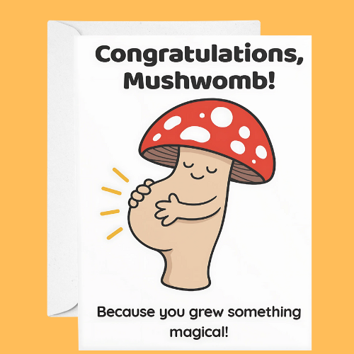 Greeting card with a cartoon mushroom and text on a yellow background