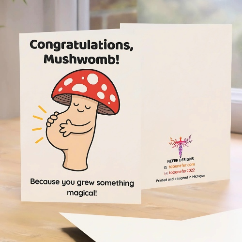 Greeting card with mushroom illustration and text on a wooden surface