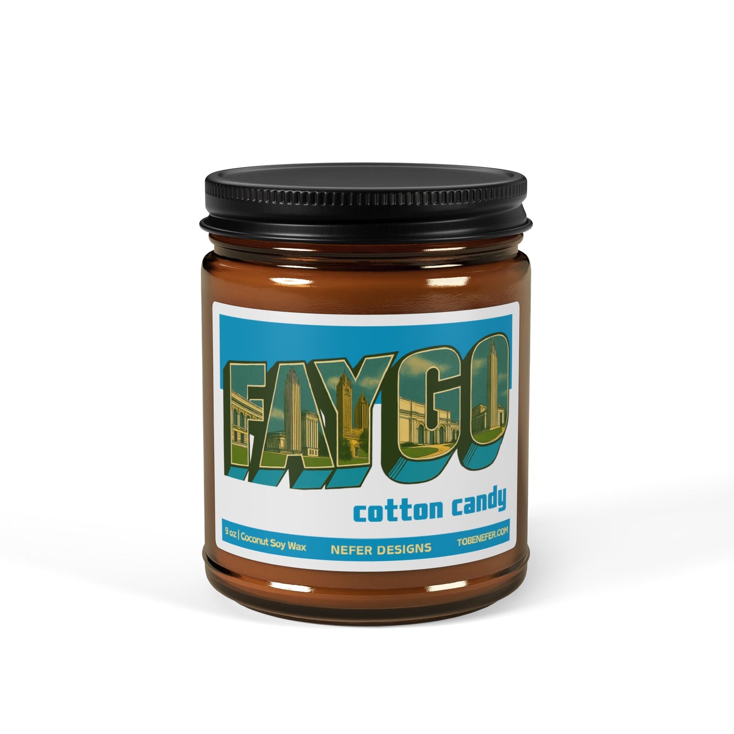 Candle jar with 'Faygo Cotton Candy' label on a white background