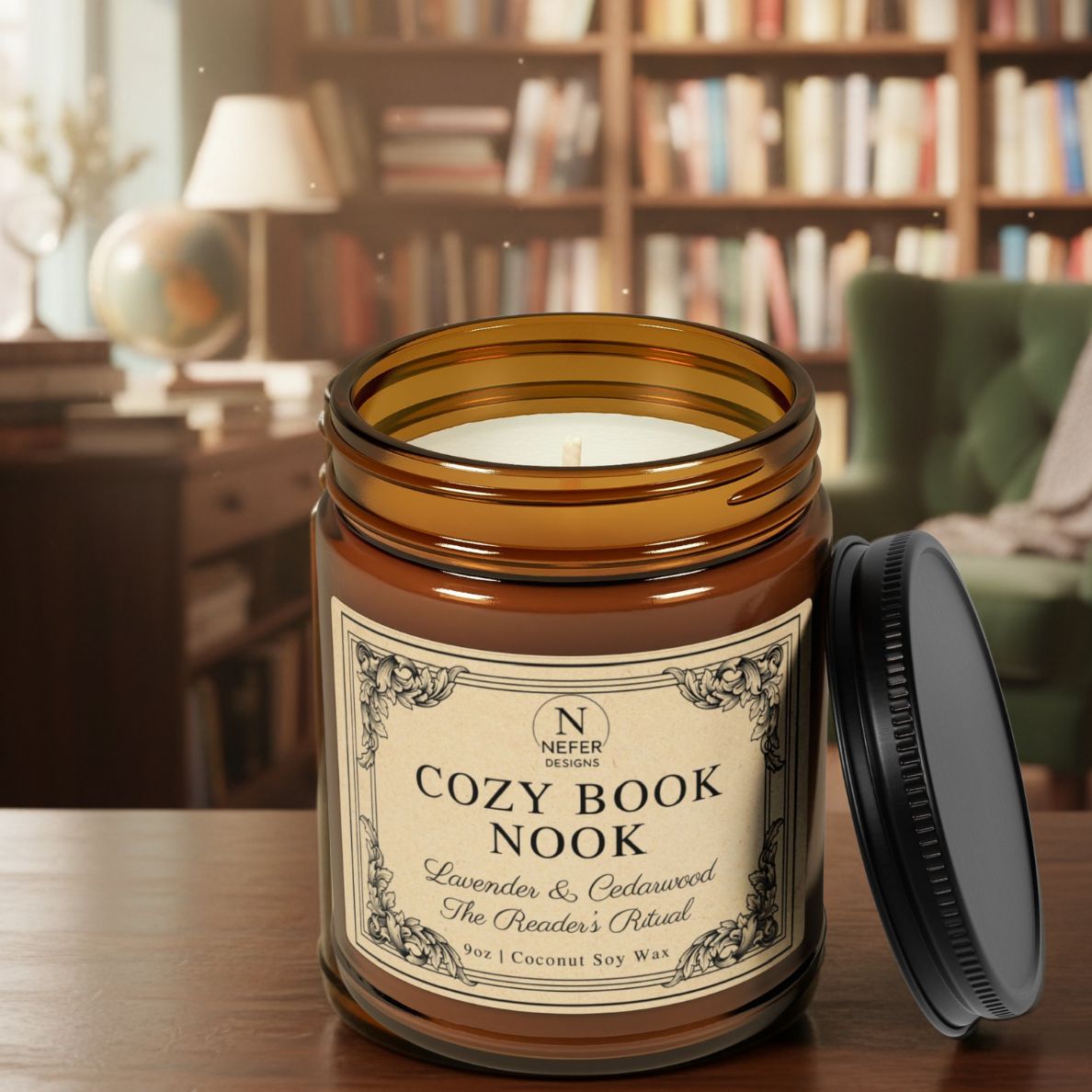 NEFER Designs Cozy Book Nook candle in amber jar with vintage label, placed in a warm library setting with bookshelves, green armchair, and soft lighting. Scent: Lavender & Cedarwood.