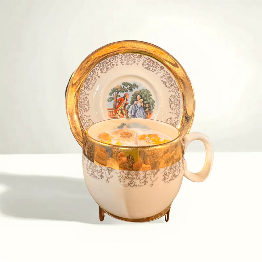 1960 Crest-O-Gold royal portrait teacup candle - Michigan-made porcelain with gold detailing, American mid-century luxury