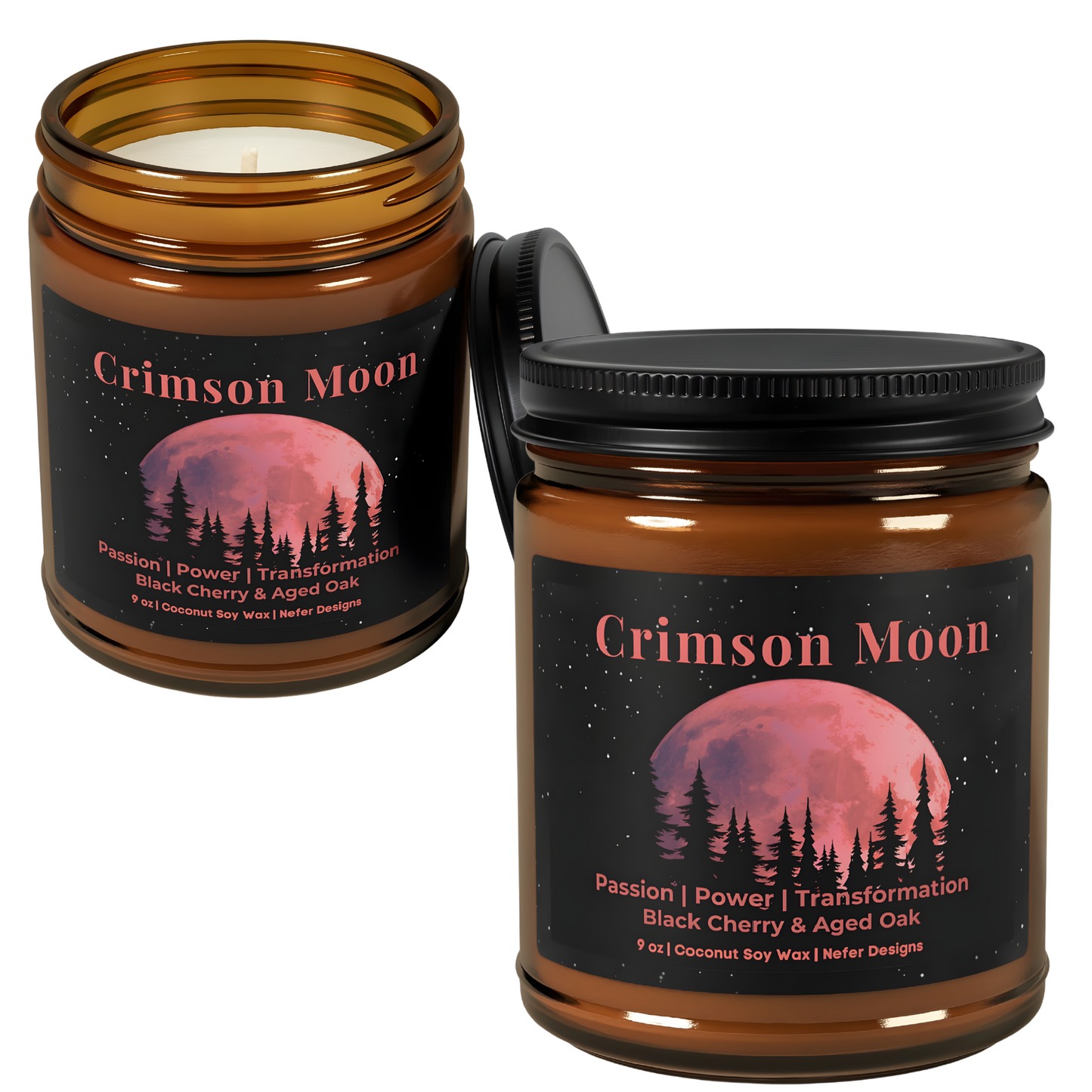 Crimson Moon candle featuring black cherry and aged oak scent, embodying passion, power, and transformation. Coconut soy wax candle by Nefer Designs