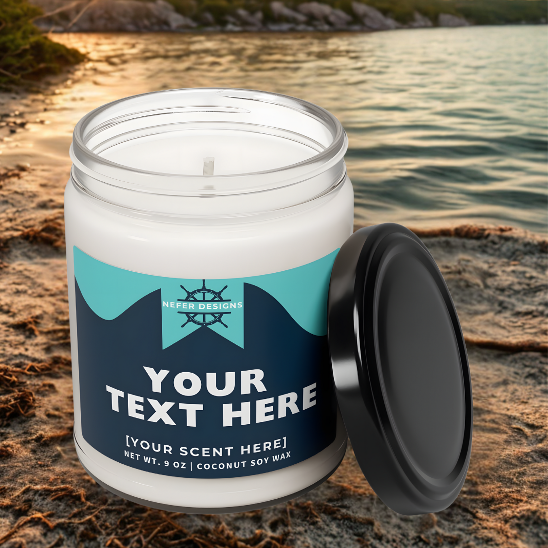 Minimalist transparent candle jar with editable label for custom lake-inspired names and fragrances. Features 'NET WT. 9 OZ COCONUT SOY WAX' for eco-conscious buyers