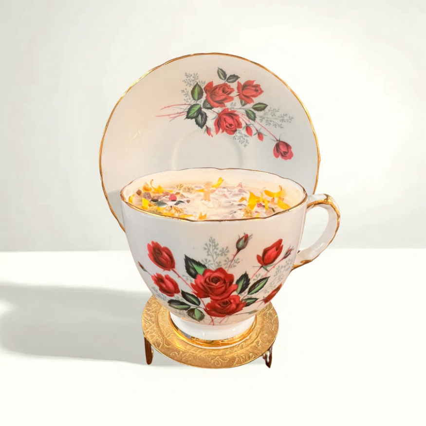 1970s Delphine bone china teacup candle - English translucent porcelain with floral gilt edges, lavender driftwood scented