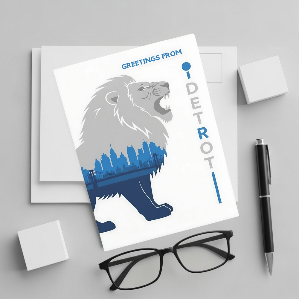Postcard with a lion design and 'Greetings from Detroit' text on a gray surface with glasses and a pen.