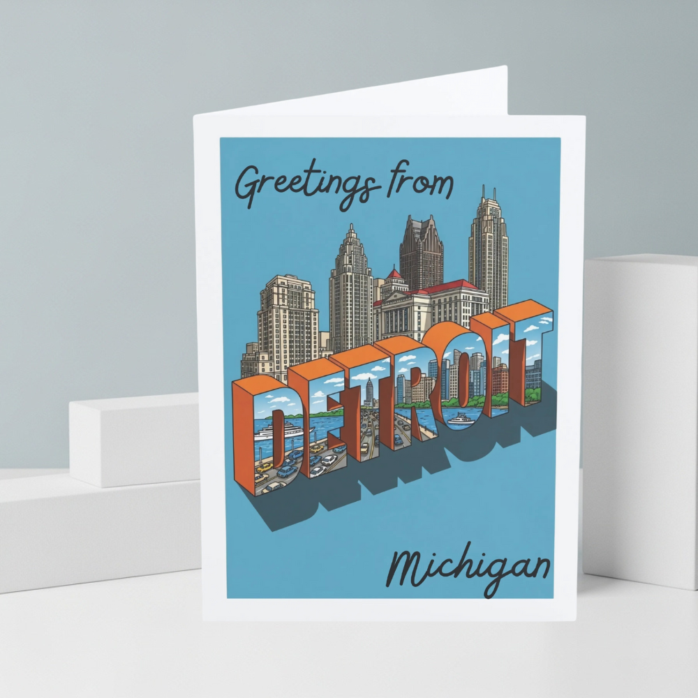 Greeting card with Detroit skyline and text on a blue background