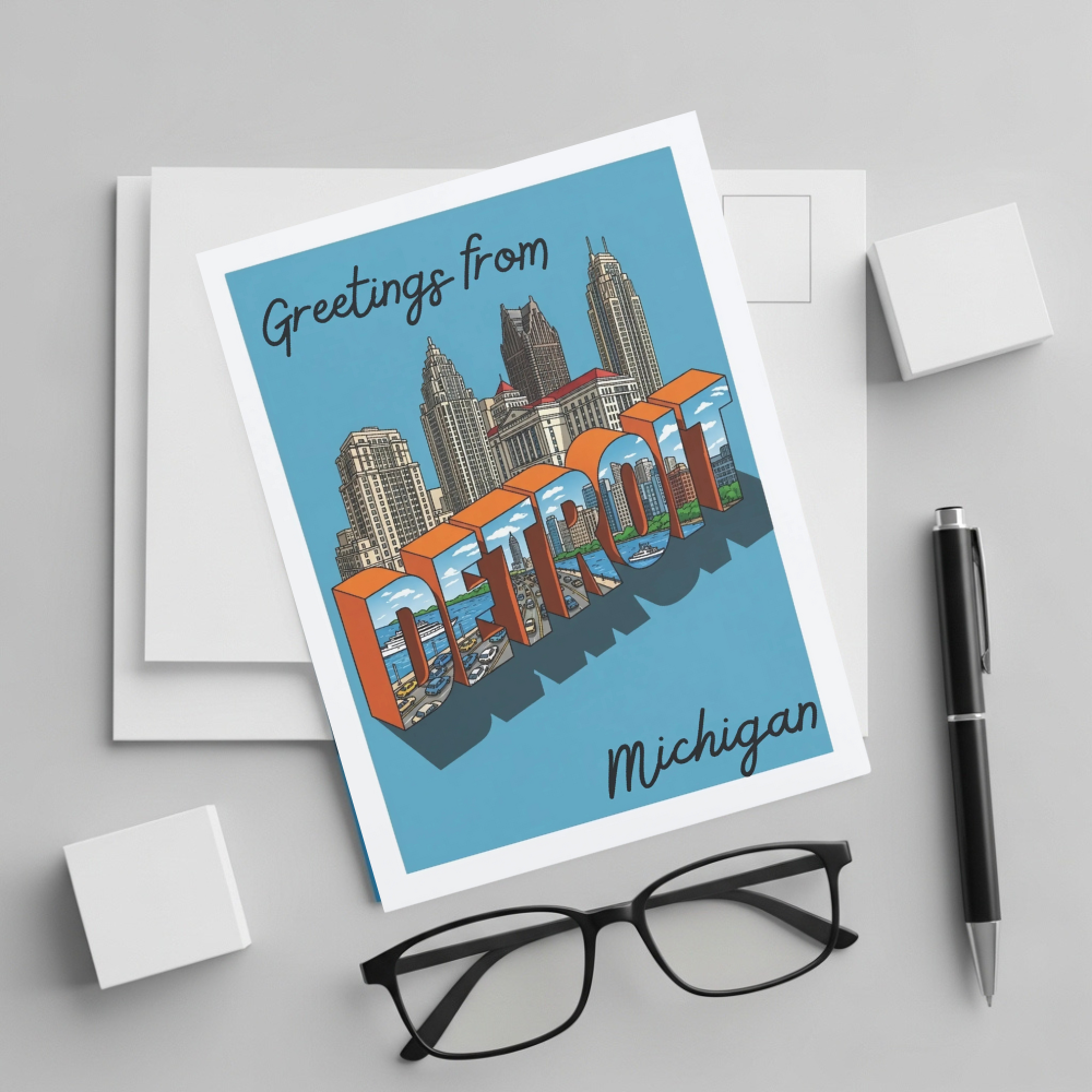 Postcard with 'Greetings from Detroit, Michigan' text and city skyline on a gray surface with glasses and a pen.