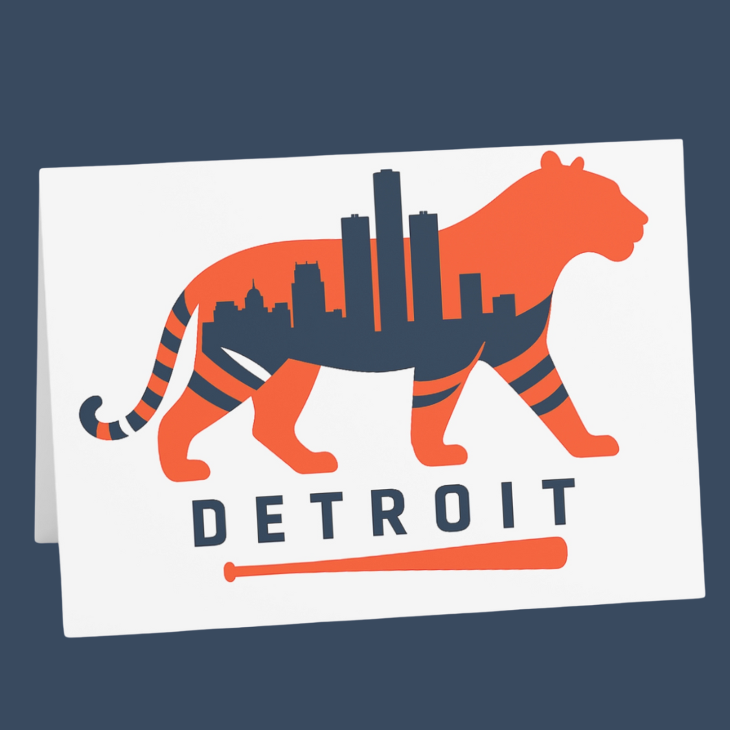 Card with an orange tiger silhouette featuring a city skyline and 'Detroit' text on a white background.